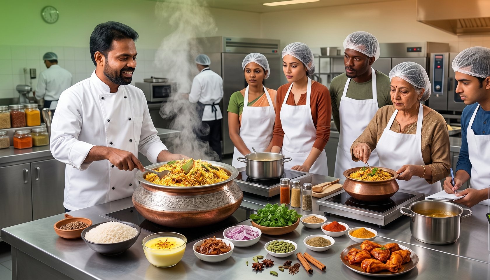 A class at DK Food Junction gathered around a copper biriyani pot, with rice, spices and marinated chicken laid out on the counter